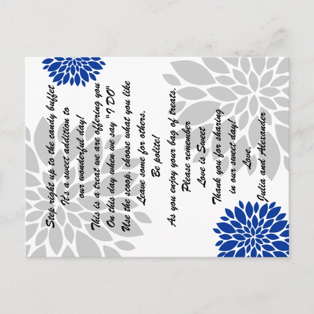 Cartes Buffet Royal Blue Silver Floral Bural Candy (Devant)