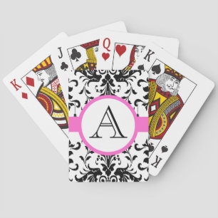Cartes Carte de jeu Mariage rose monogramme Damask noir