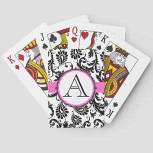 Cartes Carte de jeu Mariage rose monogramme Damask noir