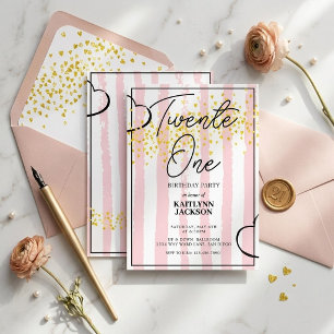 Cartes d'anniversaire 21 ans rayures roses et conf