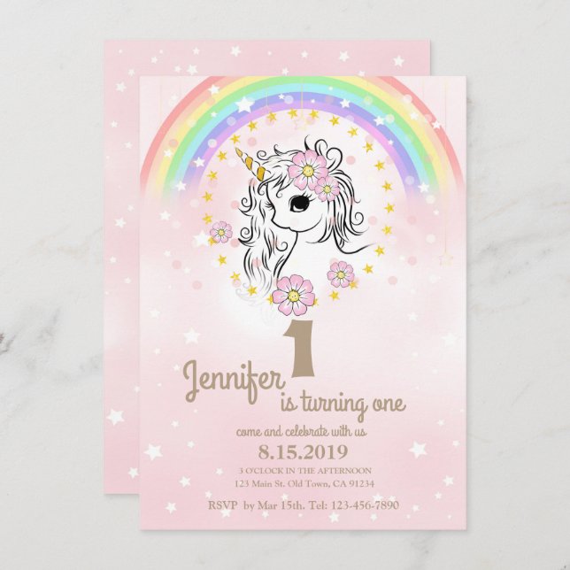 Cartes d'Anniversaire Rose Unicorn RainBow (Devant / Derrière)