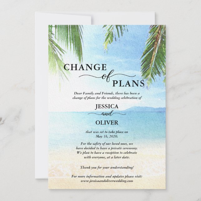 Cartes d'annonce d'annulation de mariage à la plag (Devant)
