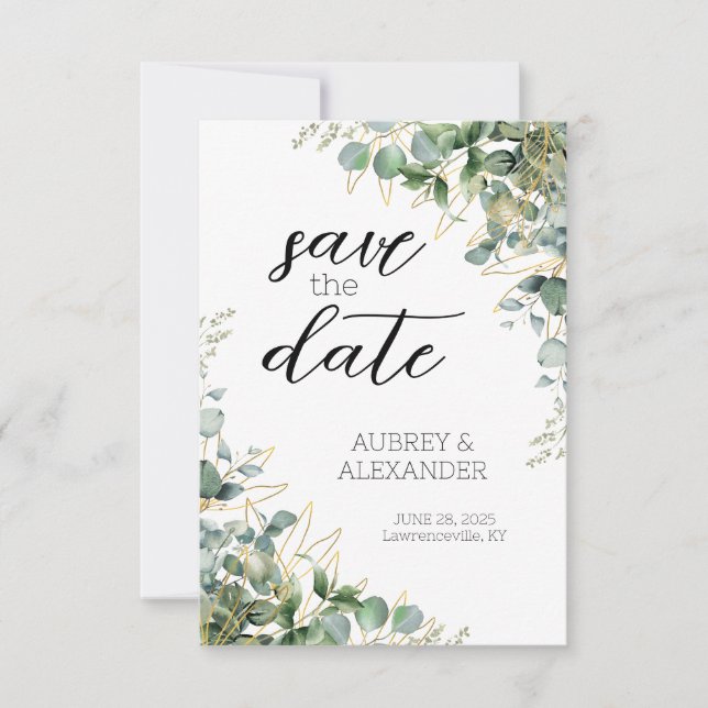 Cartes d'annonce de mariage élégantes Eucalyptus (Devant)