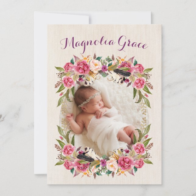 Cartes d'annonce de naissance de bébé fille bohème (Devant)