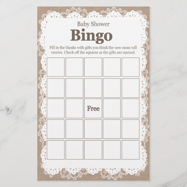 Cartes de bingo Burlap and Lace Baby shower (Devant)