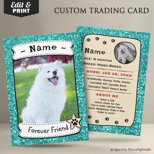 Cartes de Chien Personnalisées Modèle de carte de  (Glitter Green Neutral Pet Trading Card Dog Trading Card Therapy Dog)