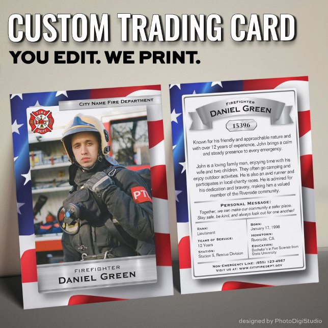 Cartes de commerce de pompiers personnalisées Tous (Custom Fireman Trading Cards with USA Flag and Silver Elements)