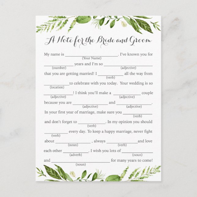 Cartes de conseil Mariage à feuilles vertes, Verdu (Devant)