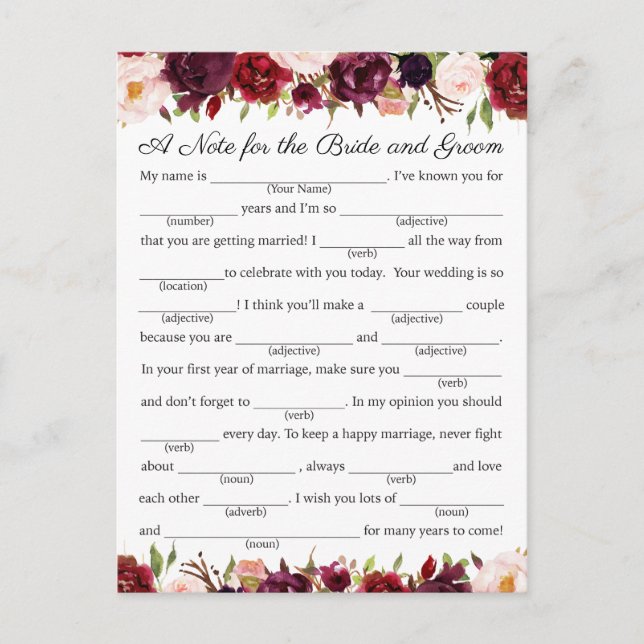Cartes de conseils de mariage à la florale rose et (Devant)