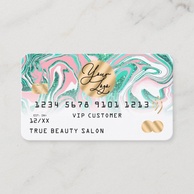 Cartes de crédit en marbre rose Turquoise Parties  (Devant)