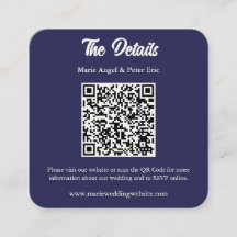 Cartes de détails de mariage avec code QR en bleu 