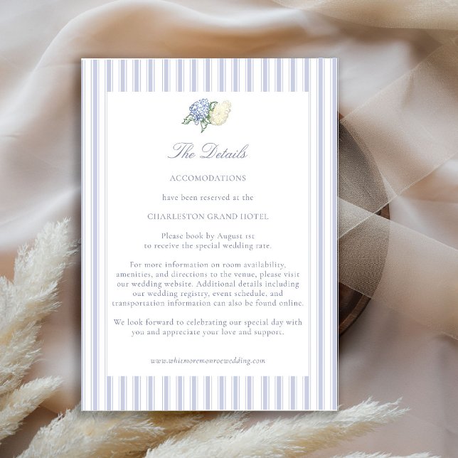Cartes de détails de mariage côtier à rayures form (hydrangea wedding details coastal cottagecore romantic garden formal elegant traditional)