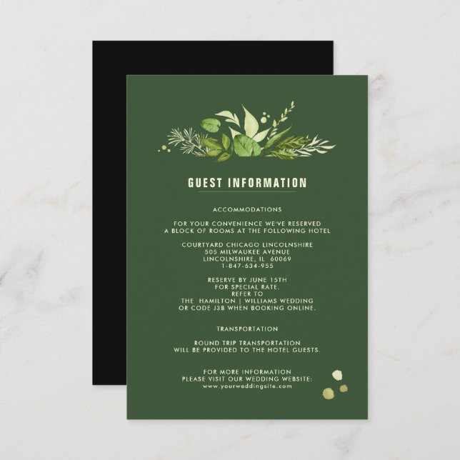 Cartes de détails mariage | Botanique noire verte (Devant / Derrière)