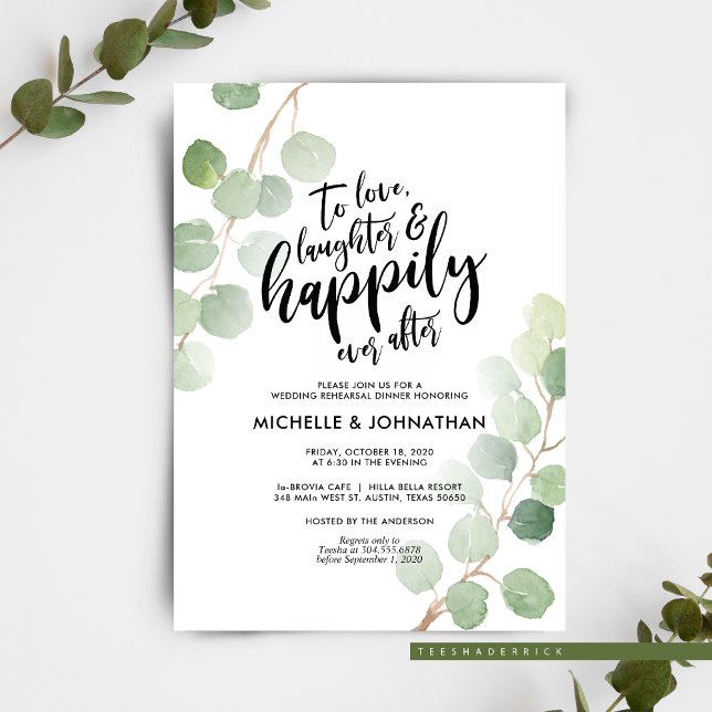 Cartes de Dîner Mariage Eucalyptus vertes (Greenery Rustic Eucalyptus Wedding Rehearsal Dinner Or Brunch Celebration Invitation Card)
