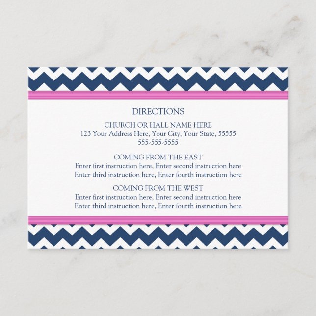 Cartes de direction mariage Bleu Hot rose Chevron (Devant)