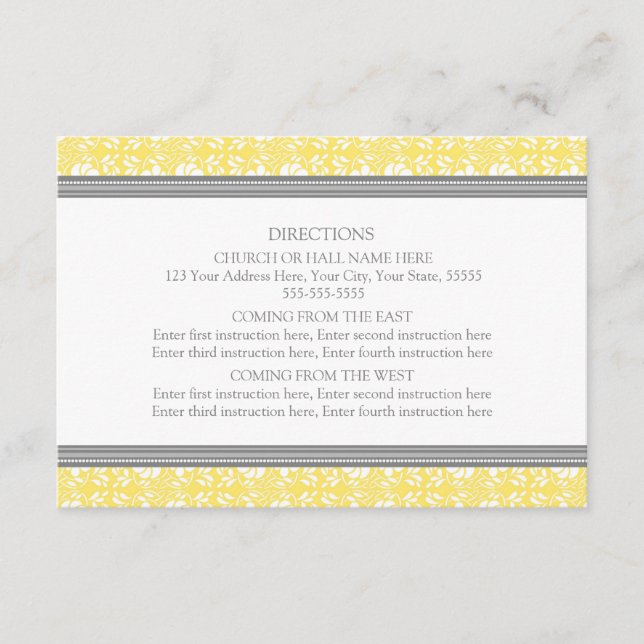 Cartes de direction mariage Lemon Grey Damask (Devant)