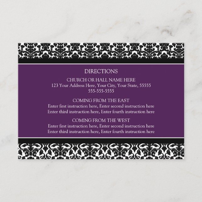 Cartes de direction mariage Plum noir Damas (Devant)