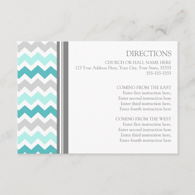 Cartes de direction mariage Turquoise Gris Chevron (Devant)