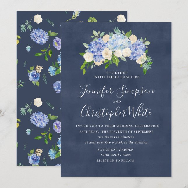Cartes de Faire-part de mariage bleu marine Hydran (Devant / Derrière)