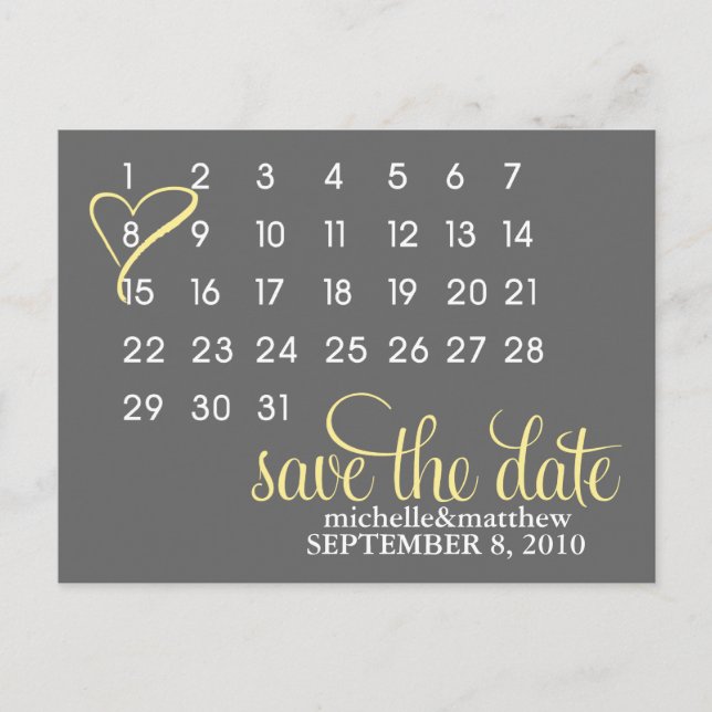 Cartes de faire-part de mariage calendrier {jaune} (Devant)