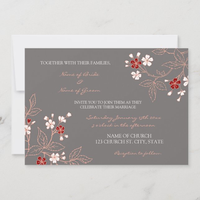 Cartes de Faire-part de mariage florales gris-roug (Devant)