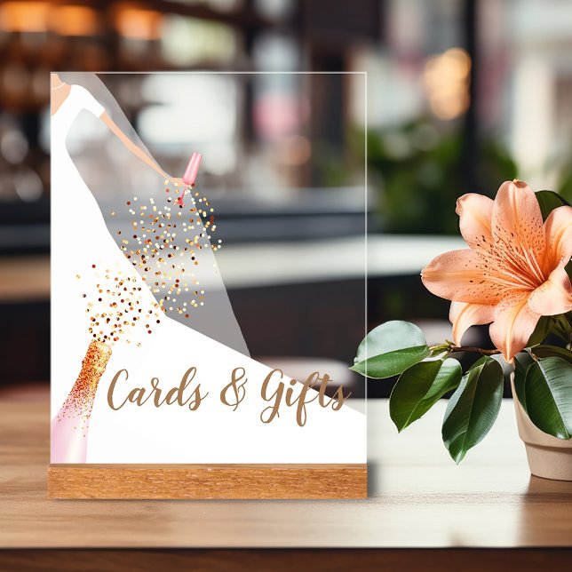Cartes de Fête des mariées et cadeaux pour mariée (Bride in Gown with Champagne Bridal Shower Cards and Gifts Clear Acrylic Sign)