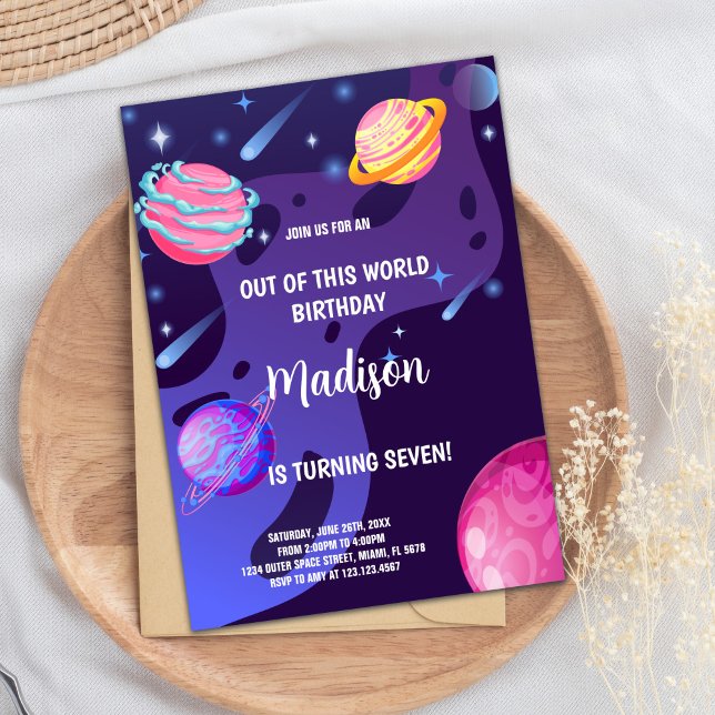 Cartes de Fête Galaxy avec Planètes et Étoiles (Purple Planets Outer Space Birthday Invitations)