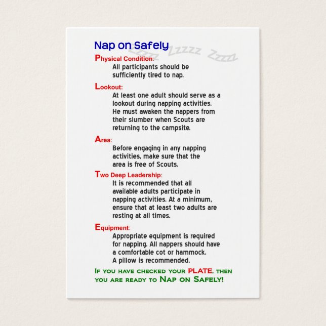 Cartes de formation "Nap on Safety" (Devant)