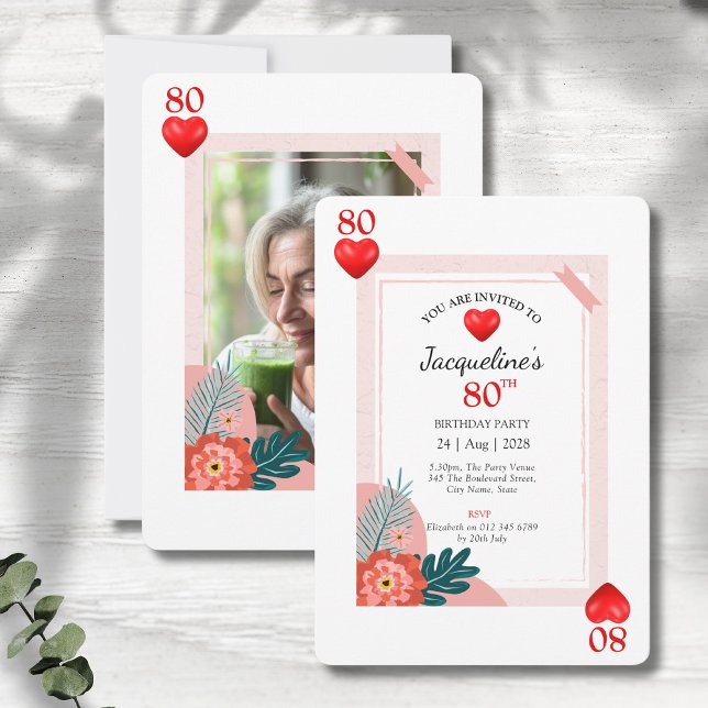 Cartes de Jeu 80e Anniversaire Invitation de fête (80th birthday party invitations in a playing card style on a grey wood background.)