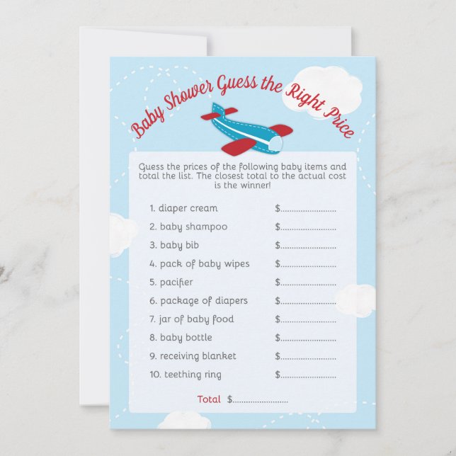 Cartes de jeu de prix Baby shower avion (Devant)