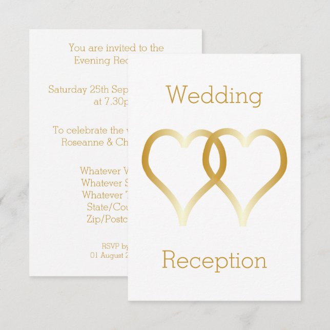 Cartes de la réception de mariage Coeurs d'or (Devant / Derrière)