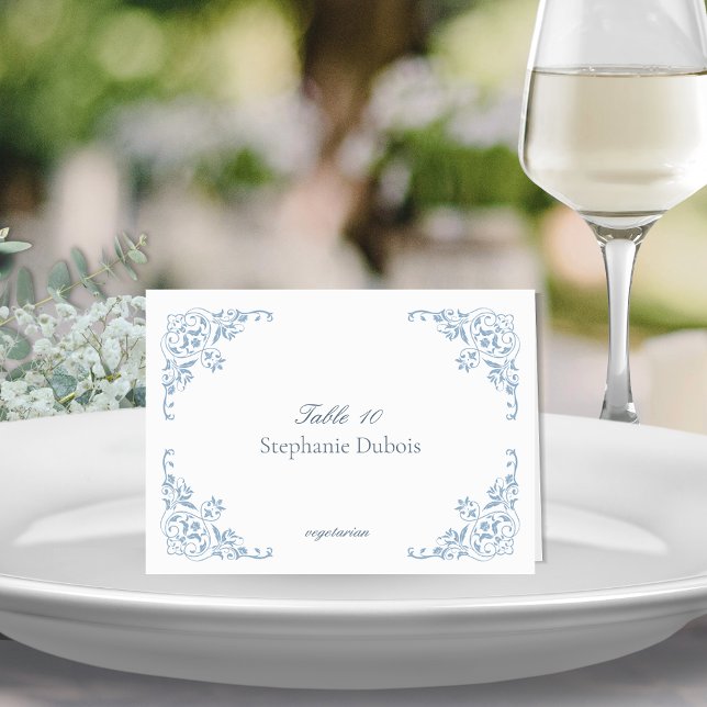 Cartes de Mariage bleu et blanc Choix de repas (Elegant blue and white formal wedding place card with meal choice menu item and romantic border)