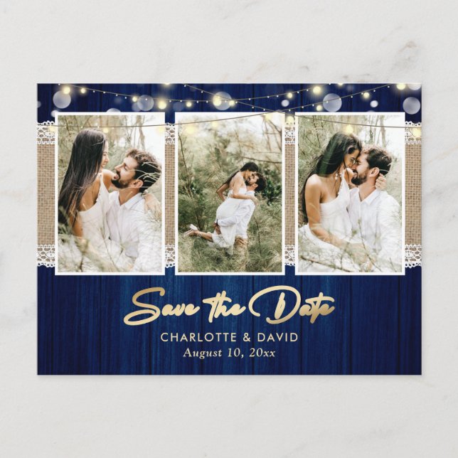 Cartes de mariage bleu marine pour annoncer la dat (Devant)