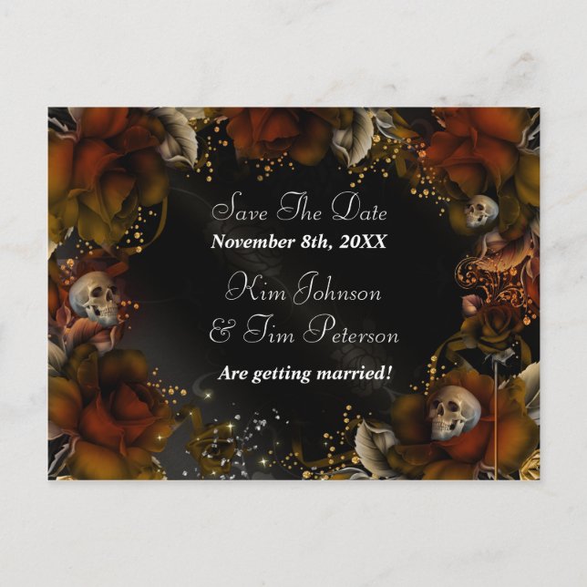 Cartes de mariage gothique Roses brunes + crânes (Devant)