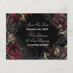 Cartes de mariage gothiques Roses noires + crânes