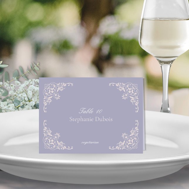 Cartes de Mariage Lilac avec choix de repas (Folded french lilac wedding place cards with meal choice for romantic lavender purple and blush pink)