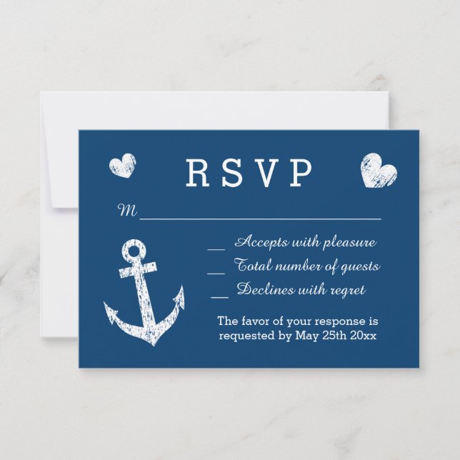 Cartes de mariage RSVP bleu et blanc marine nautiq (Devant)