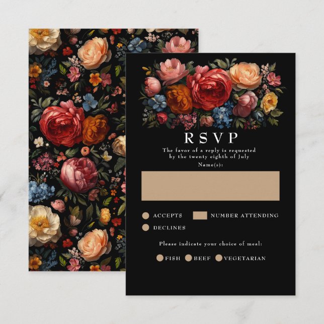 Cartes de mariage RSVP Botanical Floral Black Mood (Devant / Derrière)