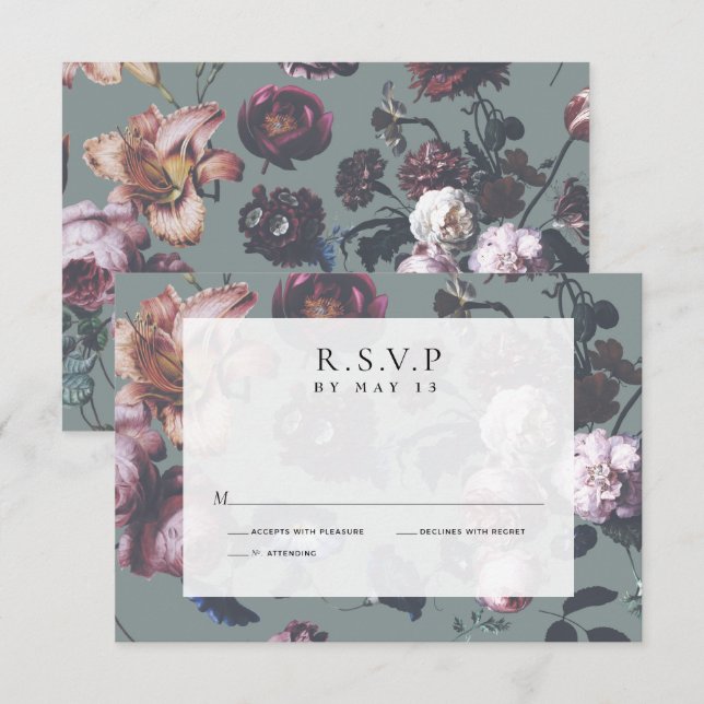 Cartes de Mariage RSVP Fleur Moody Romantique fonc (Devant / Derrière)