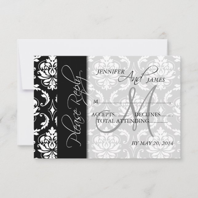 Cartes de mariage RSVP Monogramme noir Damas (Devant)