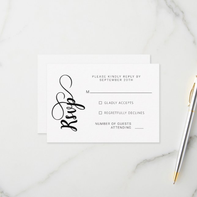 Cartes de mariage RSVP Noir et Blanc (Devant/Arrière en situation)