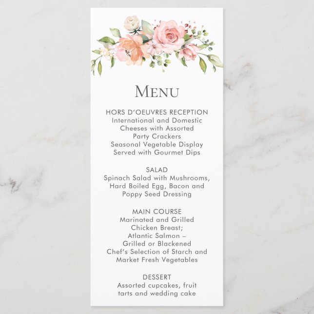 Cartes de menu à bouquet floral rose pêche et blan (Devant)