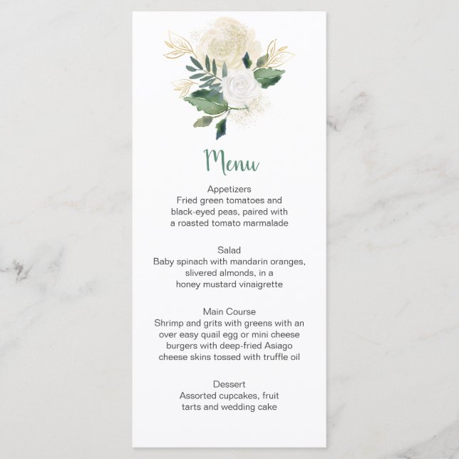 Cartes de menu à l'armature avec roses blanches cr (Devant)