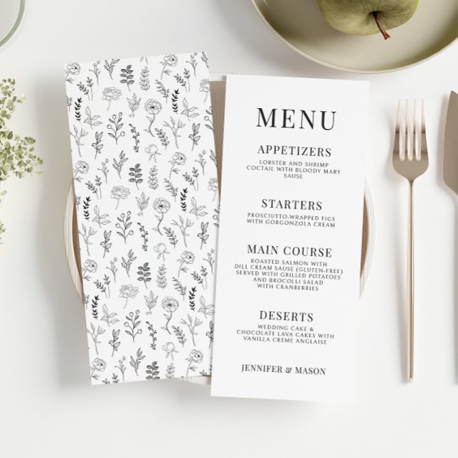 Cartes de menu classiques à mariage noir blanc (Créateur téléchargé)