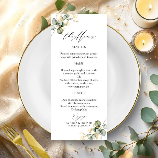 Cartes de menu de mariage à feuillage doré élégant (Créateur téléchargé)
