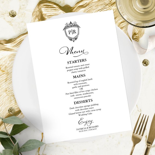 Cartes de Menu de Mariage à Monogramme Noir et Bla (Créateur téléchargé)