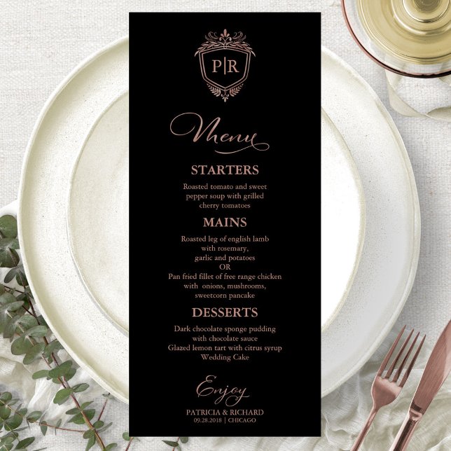 Cartes de menu de mariage à monogramme noir et or  (Créateur téléchargé)