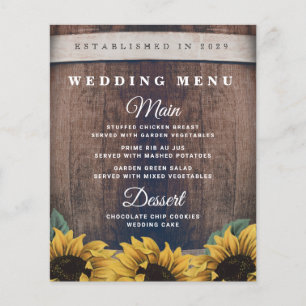 Cartes de menu de mariage au tournesol vintage ave