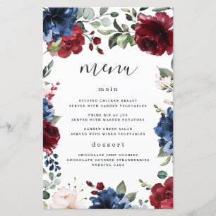 Cartes de menu de mariage bleu marine, bordeaux et