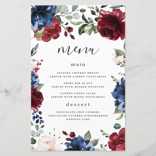 Cartes de menu de mariage bleu marine, bordeaux et (Devant)